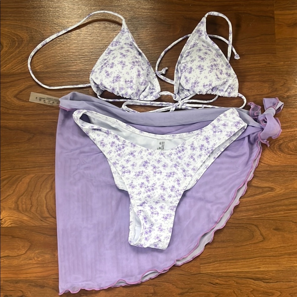 Purple Floral Bikini Set with Sheer Cover-Up